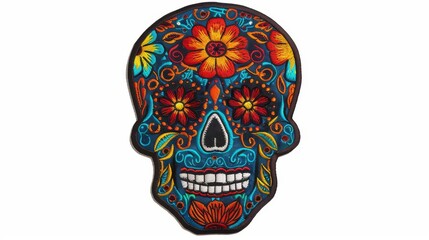 Day of the Dead embroidered patch with vibrant colors isolated on white background