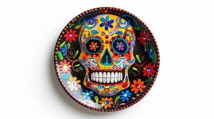 Day of the Dead themed decorative plate with colorful patterns isolated on white