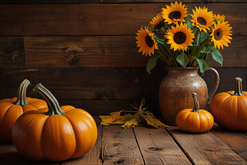 Cozy Fall Themed Background with Rustic Wooden Table, Vibrant Pumpkin, and Bright Sunflower Warm Autumn Tones Evoking Harvest Season Atmosphere