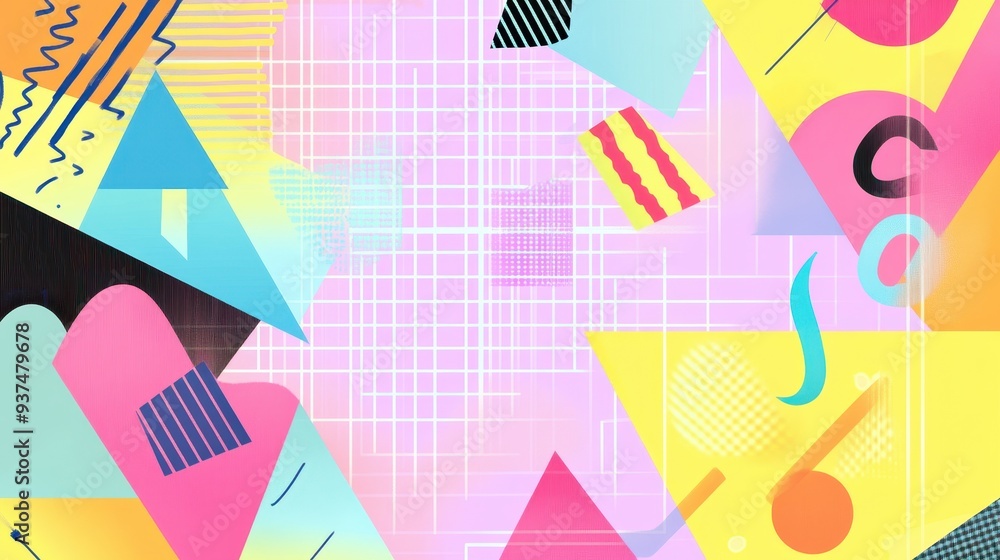 Poster vibrant geometric shapes and patterns in pastel colors create a dynamic visual background.
