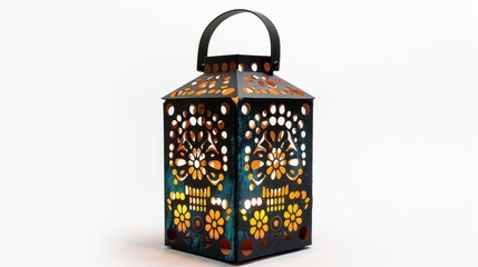 Decorative Day of the Dead-themed lantern with intricate cut-out patterns isolated on white