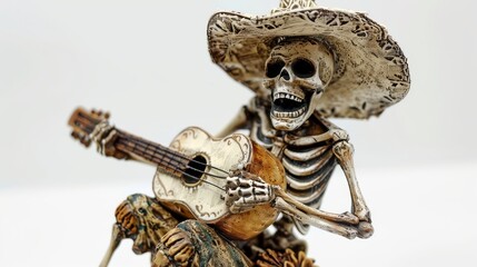 Decorative skeleton figure playing a musical instrument isolated on white