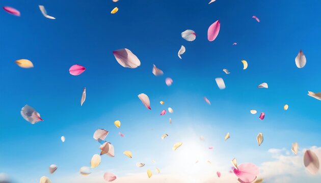 大空を舞う花びら 青空 花びら 風に舞う カラフル 自然 美しい 春 優雅 浮遊 明るい 空 軽やか 平和 ロマンチック 観賞用 ピンク 白 黄 光 背景