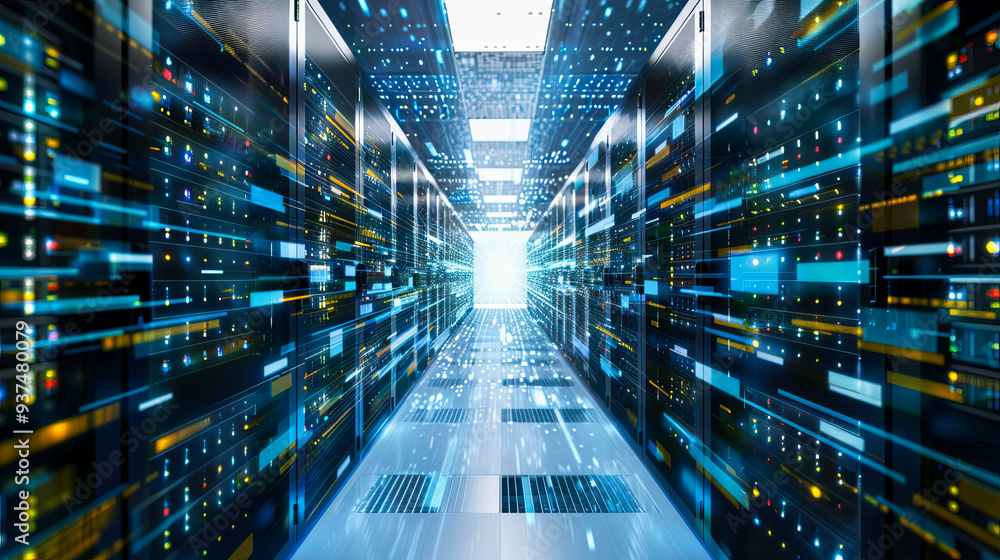 Aufkleber high-tech data center showcasing modern technology with endless server racks