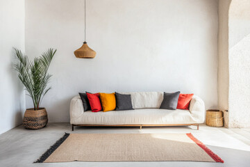 Minimalist Mediterranean living room with vibrant cushions