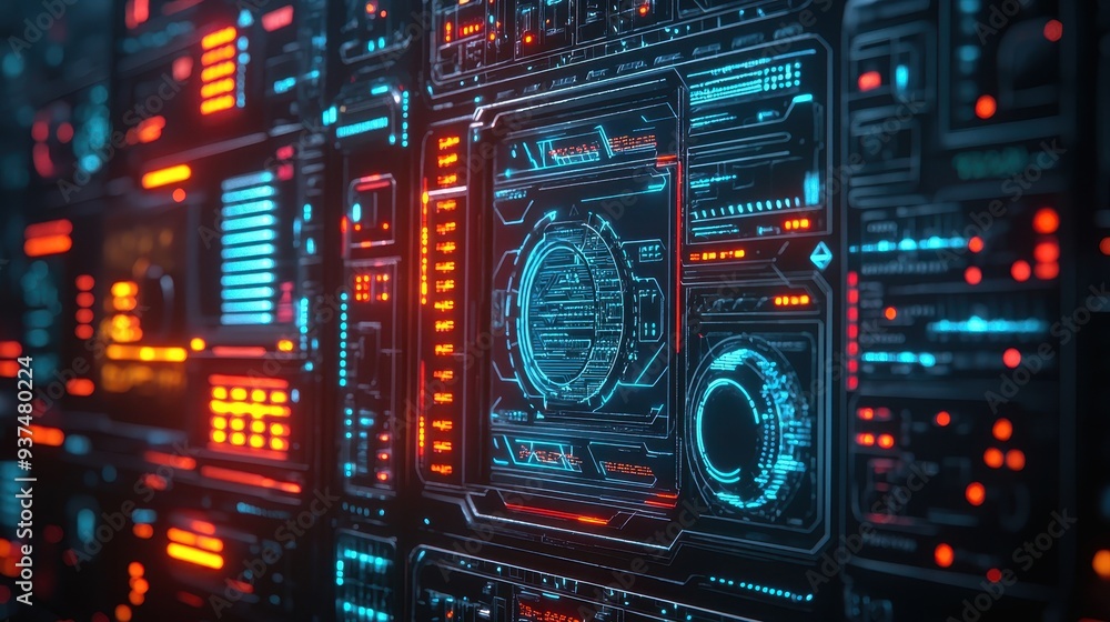 Poster futuristic tech display with glowing lights and screens