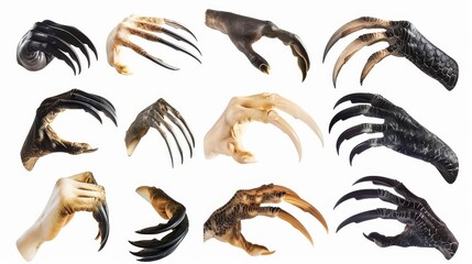 different claws of birds isolated on white background