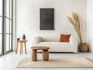 Cozy Mediterranean living room with white sofa and wooden furniture