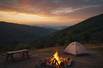 clean camping site in top of the mountain at the sunset, fire started