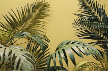 collection of tropical leaves foliage in pastel yellow color, pastel yellow background