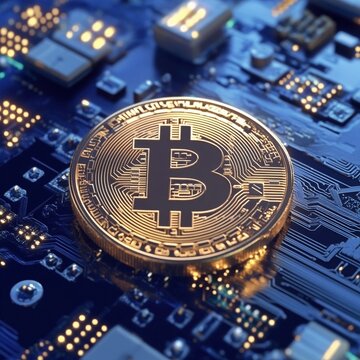 Representaci&oacute;n de una moneda de Bitcoin dorada sobre una placa base, simbolizando criptomonedas, tecnolog&iacute;a blockchain y monedas digitales