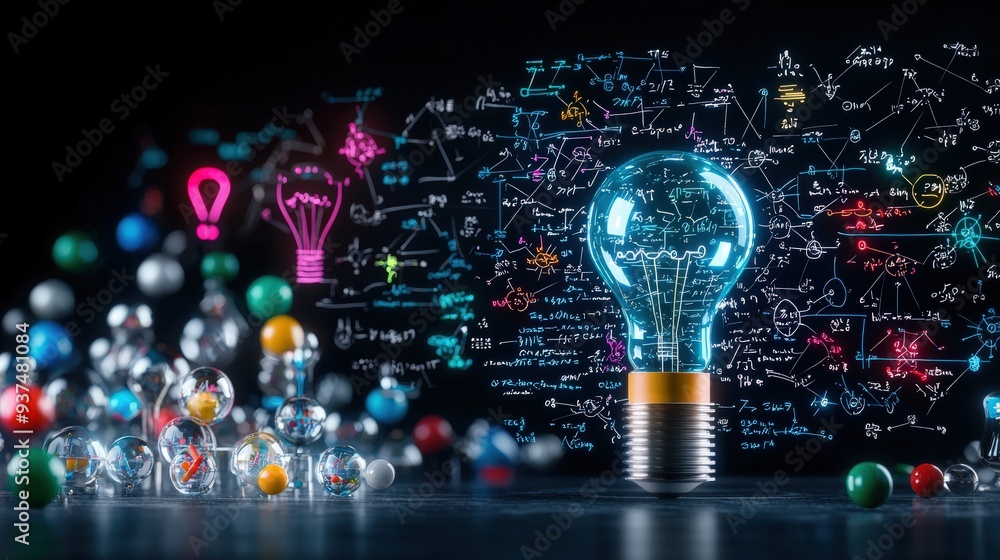 Poster blackboard covered with physics formulas and mathematical notations
