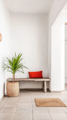 Minimalist bench with red pillow and woven basket in Mediterranean home