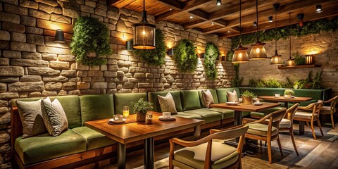 A warm stone wall sets the tone for a cozy restaurant, with plush banquettes and rustic accents, exuding comforting elegance and intimacy.