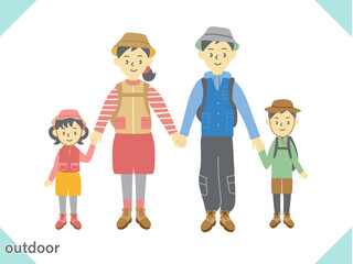 アウトドアやキャンプを楽しむ家族のイラスト