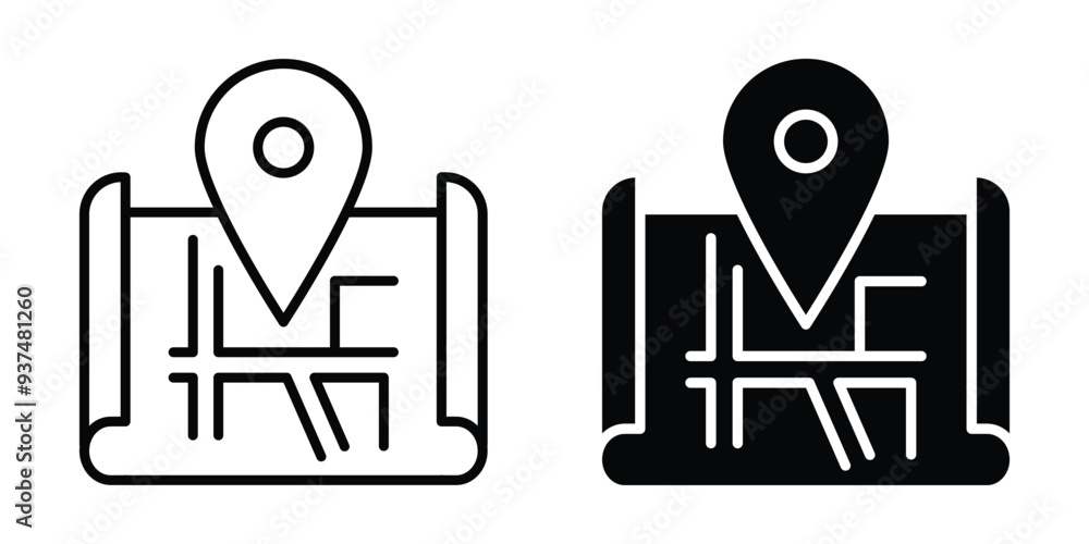 Poster map with pin icon set, pointer icon. black icon on white background.