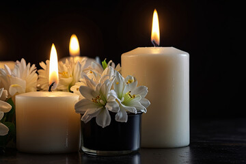 White Candles and Flowers on Black Panoramic Background Solemn and Respectful Atmosphere for Funeral Service, Memorial, or Obituary Headers
