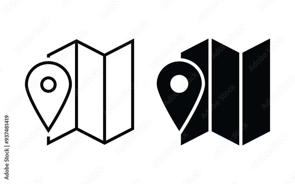Poster map and location symbols set. mapping icon. geolocation map path distance. gps cartography position.