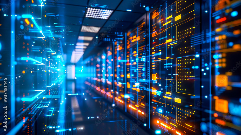 Poster cutting-edge smart technology data center with blue-lit server racks showcasing advanced digital inf
