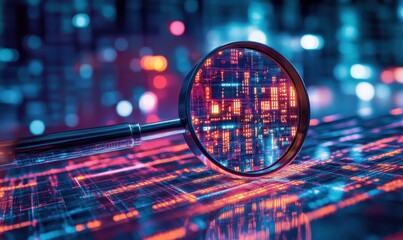 Magnifying glass highlighting digital data, bokeh lights, technology, futuristic, analytical scene