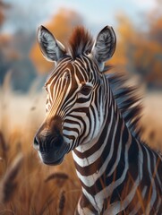 Naklejka premium Portrait of Zebra, Equus quagga, in an African savannah at sunset