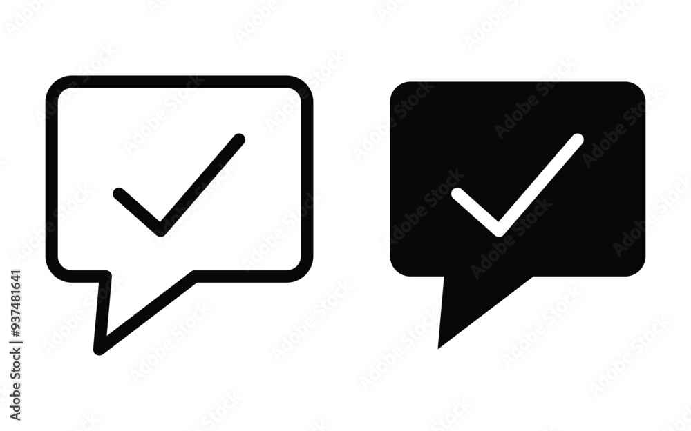Poster chat bubble with checkmark icon, black square speech bubble with checkmark line icon, simple approve