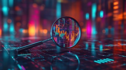 Magnifying glass highlighting digital data, bokeh lights, technology, futuristic, analytical scene