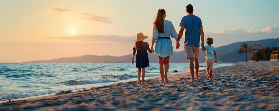 A family of four enjoying a peaceful walk on a sandy beach at sunset, holding hands and enjoying the scenic view.