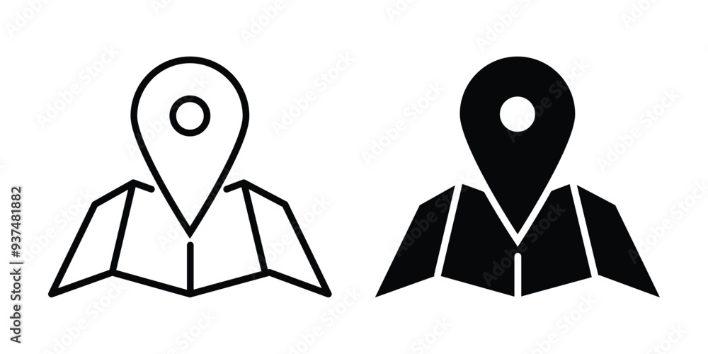 Poster map and location symbols set. mapping icon. geolocation map path distance. gps cartography position.