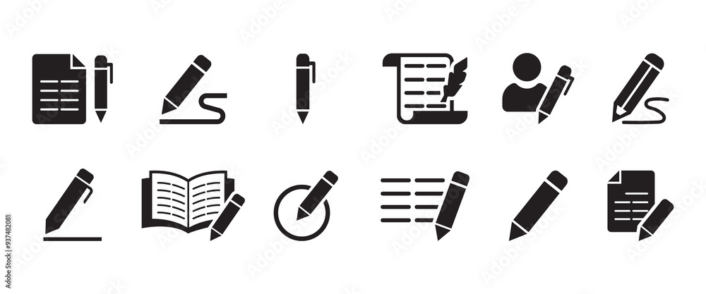 Poster writing icon set. containing pen, write, pencil, note, edit, writer, document, text and more. contai