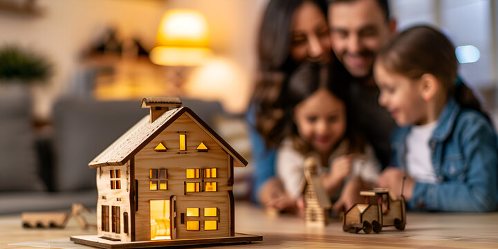 Miniature house wooden , on table , with a happy family, concept of housing colony with all facilities of life, real estate concept, house construction idead icon
