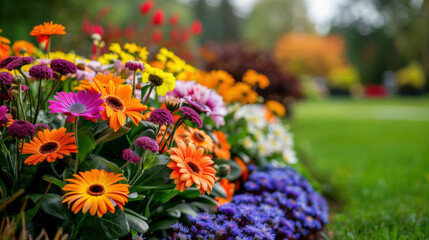 A vibrant garden bed filled with blooming flowers in various colors, showcasing the beauty of nature and gardening.