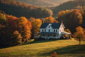Obraz premium oadside farmhouse house in countryside rural road highway in West Virginia, USA by mountain forest with colorful autumn fall trees foliage at sunrise morning