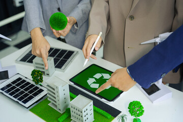 Engineer Teamwork Meeting, with partner on model building at company office working technology,...