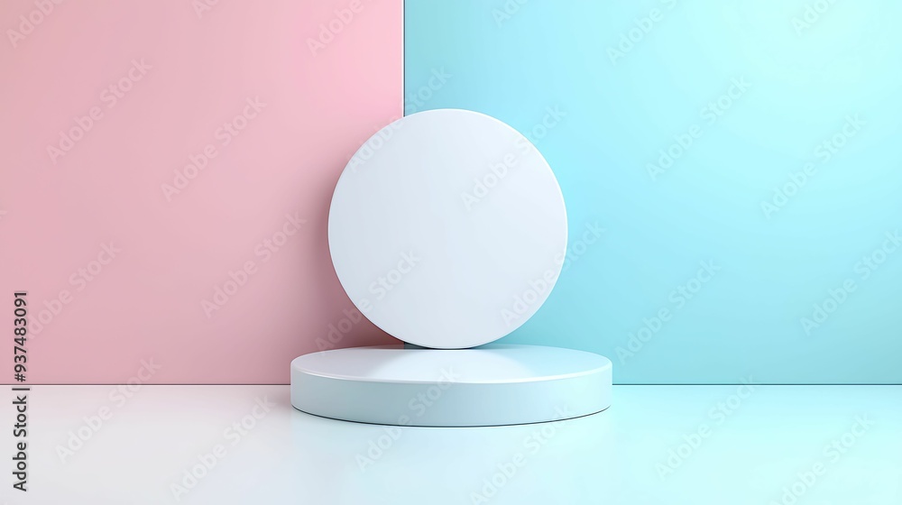 Poster minimal 3d abstract background with soft pastel shapes, evoking balance and tranquility, copy space 