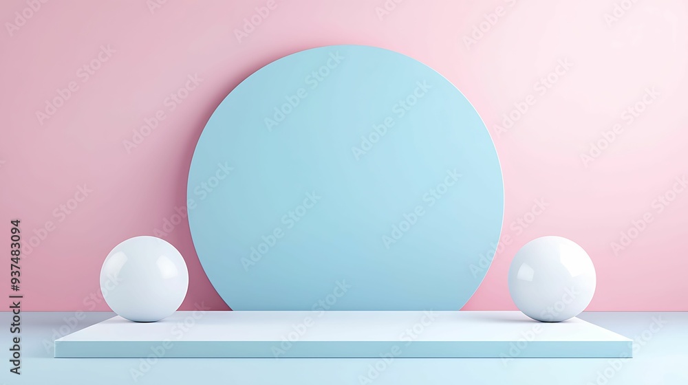 Poster minimal 3d abstract background with soft pastel shapes, evoking balance and tranquility, copy space 
