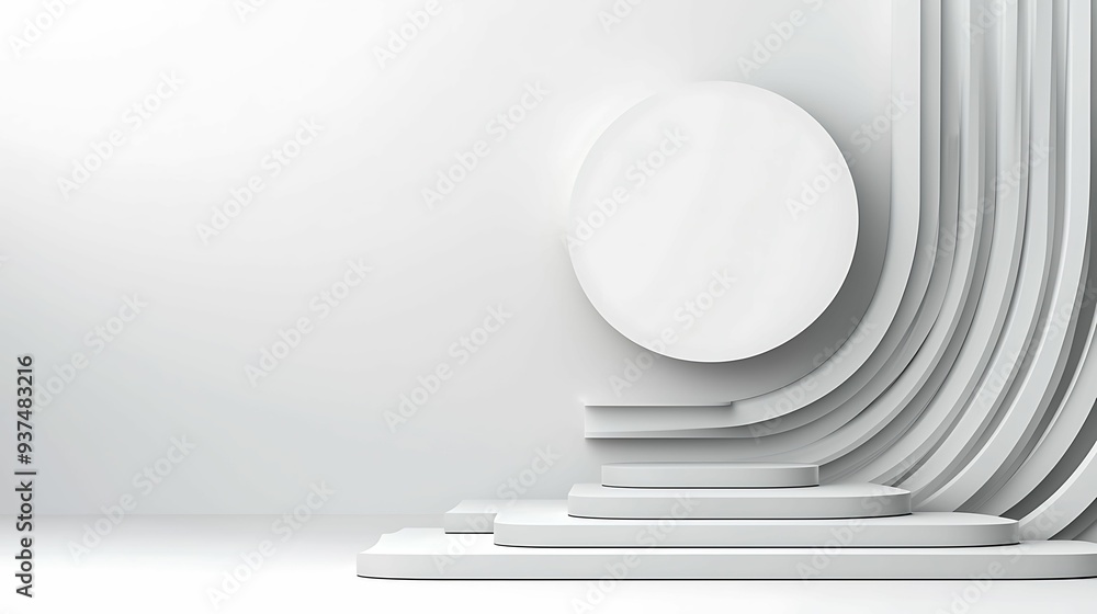 Poster monochrome abstract background with layered 3d shapes, focusing on depth and balance, copy space for