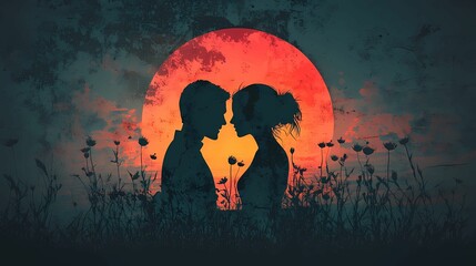 Silhouette of a couple embracing against a colorful sunset backdrop, symbolizing love and connection in a serene environment.