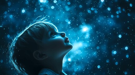 A child gazing upwards in awe, surrounded by a magical, starry backdrop filled with glowing particles and deep blue hues.