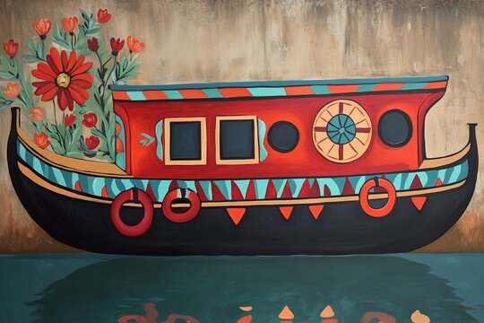 A classic tole painting depicting a canal boat or narrowboat featuring textured elements.