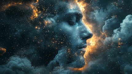 A surreal portrait blending human features with cosmic elements, showcasing a serene connection between humanity and the universe.