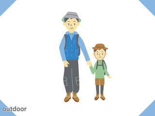 アウトドアやキャンプを楽しむお父さんと子供のイラスト
