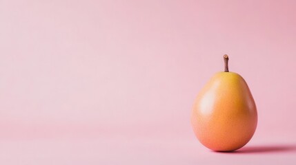 A single ripe pear sits on a pink background.