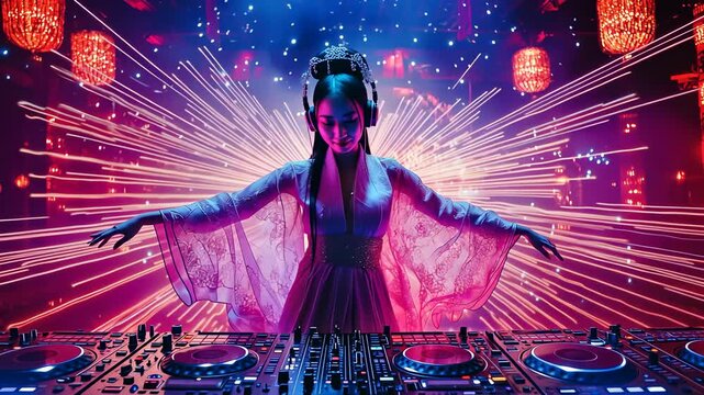  Female DJ Performing in a Futuristic Club. Electronic Music and Nightlife. Entertainment and Performance Concept.
