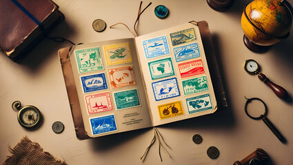 Travel or tourism concept. Opened passport with visa stamps with, Generative AI