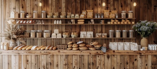 Bakery store with wooden style of interior. eco friendly groceries store.
