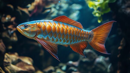 Fototapeta premium Arowana fish swimming majestically in a dimly lit tank, exuding ancient elegance, Arowana fish, ancient and majestic