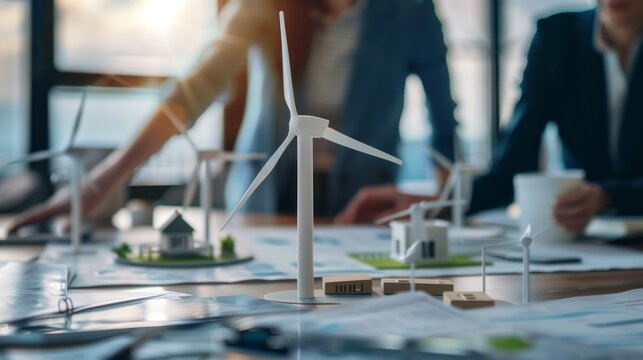 A group of professionals collaborates on sustainable energy initiatives, using small models of wind turbines and green buildings as they exchange ideas for eco-friendly projects