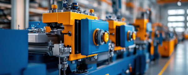 Close-up of an industrial machine in a modern factory, highlighting its mechanical details and vibrant colors.