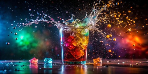 frozen moment eccentric soda explosion vibrant colorful droplets suspended midair against dark moody background dramatic lighting intense focus shallow depth of field